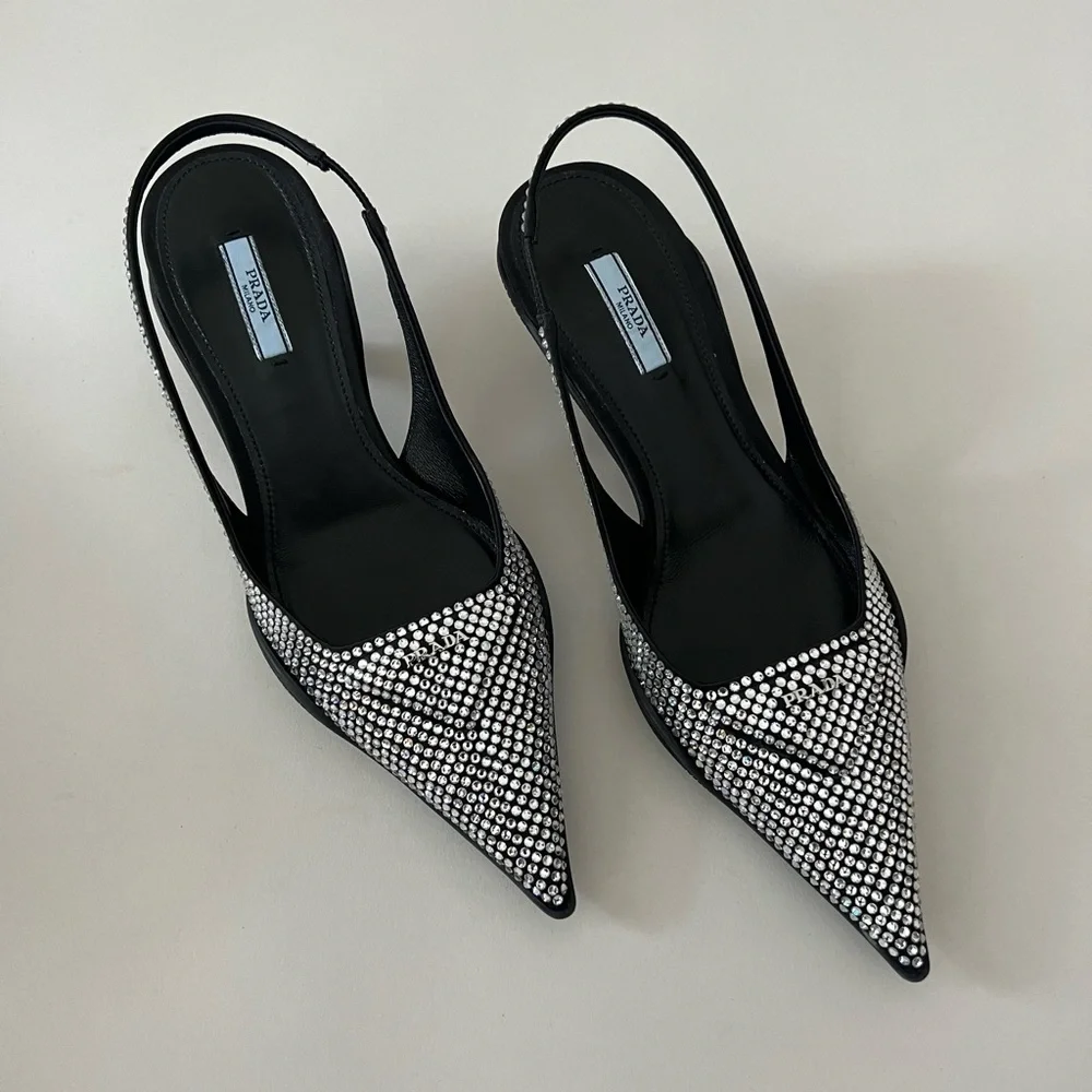 🔥$1100🔥 Prada Crystal Embellished Logo Slingback Sandals Shoes - Picture 3 of 9